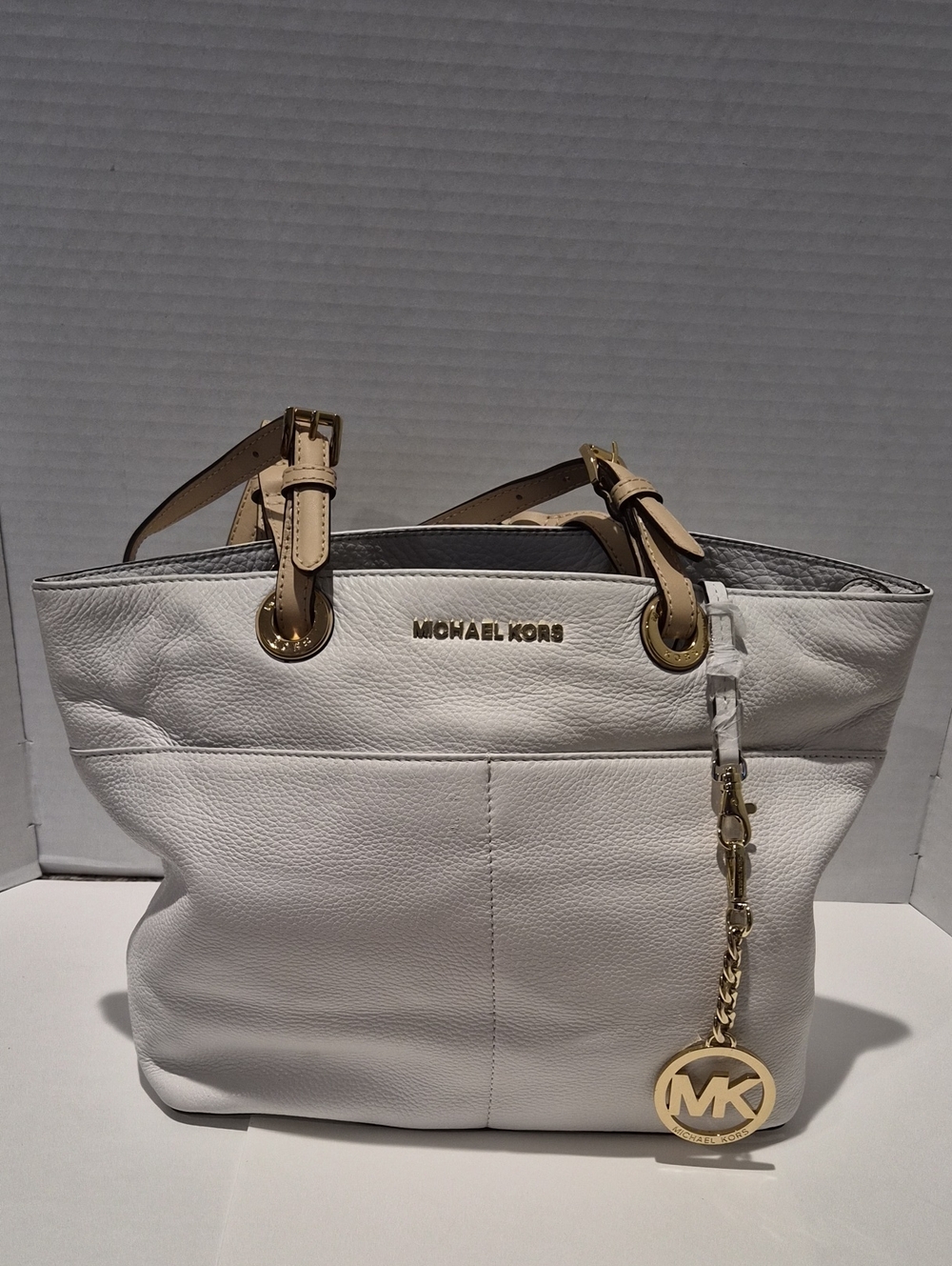Michael Kors White Pebbled Leather Tote Zip with Gold Hardware and Tan Straps